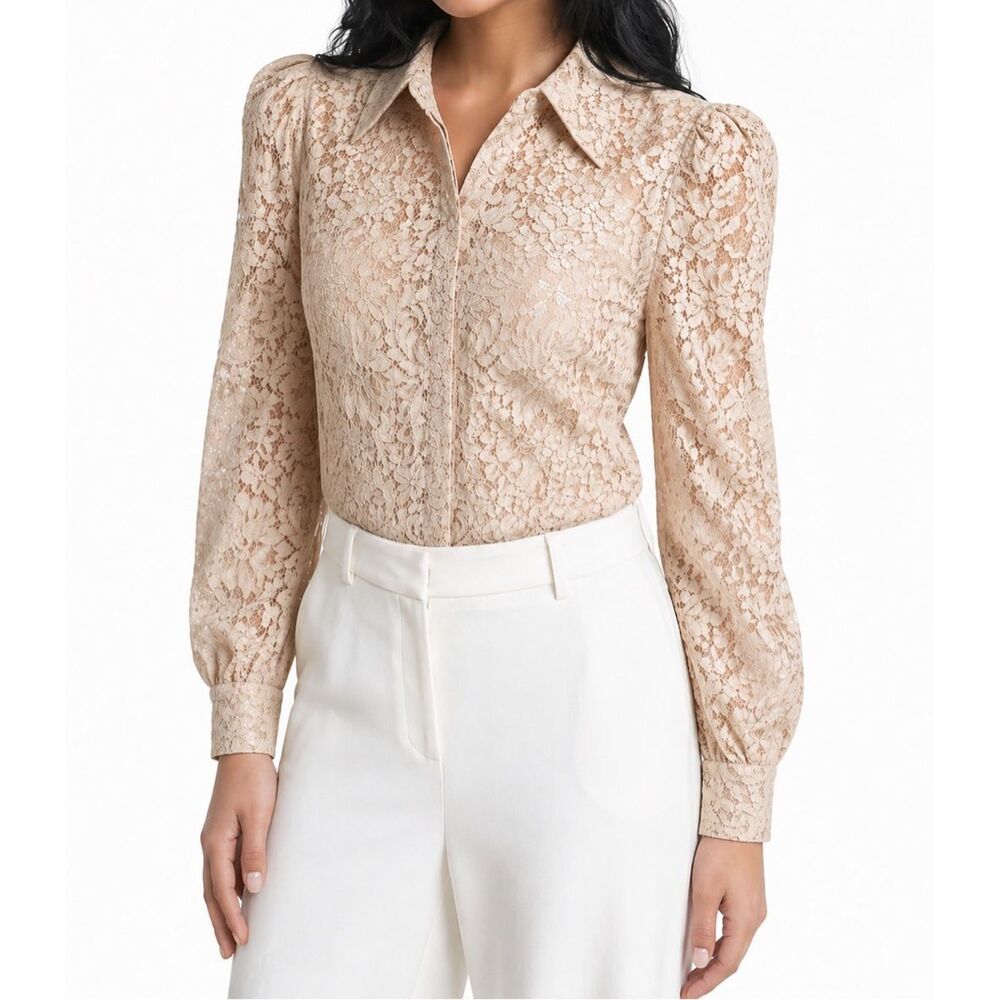 L'AGENCE Beige Lace Long-Sleeve Button-Front Blouse